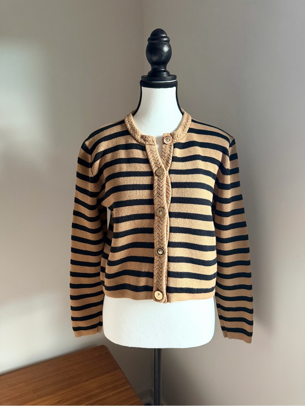 J.Crew 100% Cotton Striped Cardigan Sweater Tan Black Size Small